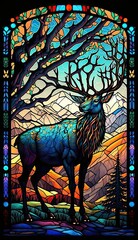 Obraz premium Artistic Beautiful Desginer Handcrafted Stained Glass Artwork of a Elk Animal in Art Nouveau Style with Vibrant and Bright Colors, Illuminated from Behind (generative AI)