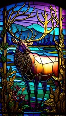 Artistic Beautiful Desginer Handcrafted Stained Glass Artwork of a Elk Animal in Art Nouveau Style with Vibrant and Bright Colors, Illuminated from Behind (generative AI)