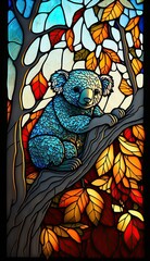 Artistic Beautiful Desginer Handcrafted Stained Glass Artwork of a Koala Bear Animal in Art Nouveau Style with Vibrant and Bright Colors, Illuminated from Behind (generative AI)