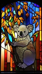 Artistic Beautiful Desginer Handcrafted Stained Glass Artwork of a Koala Bear Animal in Art Nouveau Style with Vibrant and Bright Colors, Illuminated from Behind (generative AI)