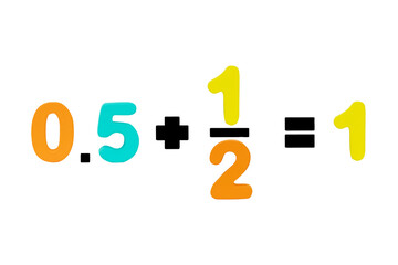 Zero point five plus one fraction equals one isolated on cutout PNG. Image of simple math addition...