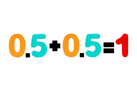 Zero point five plus zero point five equals one isolated on cutout PNG. education. Image simple math addition operation for kids, math operation to enhance brain skills. Plus, minus, multiply, divide.
