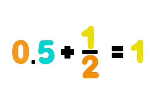 Zero point five plus one fraction equals one isolated on cutout PNG. Image of simple math addition operation for kids, Colorful wooden alphabets set sort. Plus, minus, multiply, divide. - Powered by Adobe