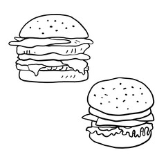 Burger illustration in doodle style. Outline food illustration. Line fastfood sketch cheeseburger