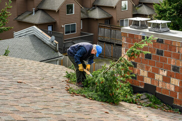 Senior man sawing a large fir tree branch and clearing storm debris off a residential rooftop
