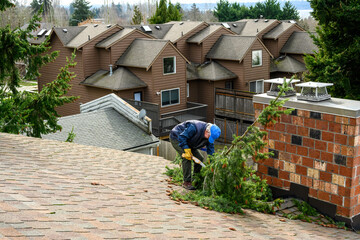 Senior man sawing a large fir tree branch and clearing storm debris off a residential rooftop
