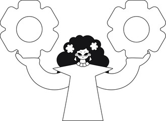 Girl holds gears in hands, linear style illustrated with a vector.