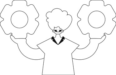 He firmly grasps cogs in both hands; a vector image capturing the moment.