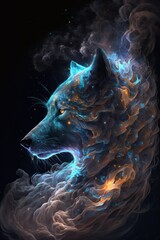 Fototapeta premium Beautiful Artistic Spiraling Galaxies and Iridescent Nebulae in Intricate Detail, Forming the Shape of a Wolf in Space (generative AI)