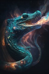 Beautiful Artistic Spiraling Galaxies, Star and Iridescent Nebulae in Intricate Detail, Forming the Shape of a Alligator Animal in Space with Smoke and Misty Background (generative AI)