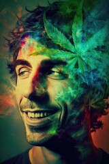 Fototapeta premium Cannabis 420 Culture: A Beautiful Artistic Designer Portrait of Hispanic Men and Women Adventuring Happily with Weed Marijuana with Colorful Psychedelic Smoke Background (generative AI
