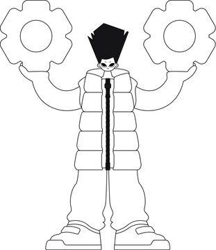 A man holds gears in his hands. Linear illustration depicted in a vector format.