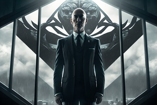 A portrait of a mature, scary head of an evil organisation, in his sky high class office, looking sinister and serious, from a potential TV or Film thriller 