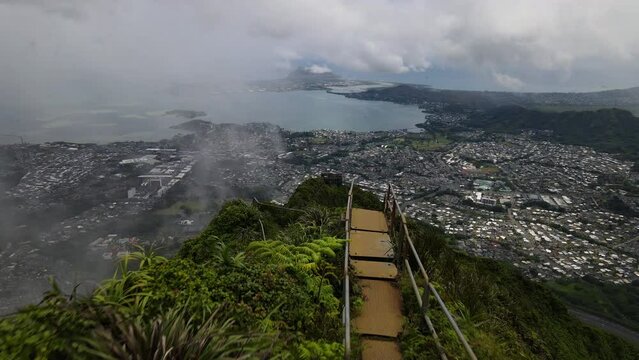 Stairway to Heaven, View from Haiku Stairs towards the town of Kaneohe Oahu and the Pacific Ocean coast.