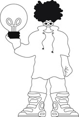 He holds a light bulb while embodying ideas in a linear styled vector illustration.