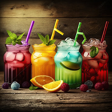 assortment of fresh iced fruit drinks on wooden backgrou