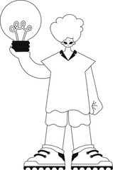 Man holds light bulb in hands, signifying concept of ideas. Linear style vector illustration.