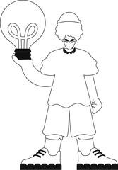 Man holds light bulb, symbolizing an idea. Linear illustration in vector style.