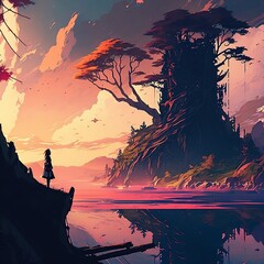 Digital painting illustration landscape fantasy anime