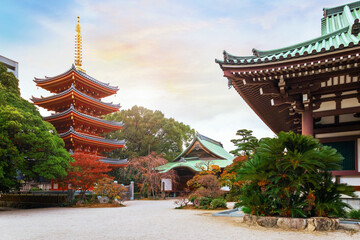 Fukuoka, Japan - Nov 30 2022: Tochoji Temple located in Hakata district. First built by Kobo Daishi...