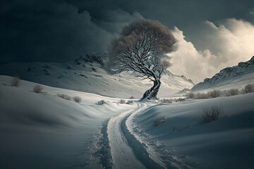 Lonely snowy landscape with tree