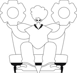 Man holding gears in hands. Illustration in linear and vector form.