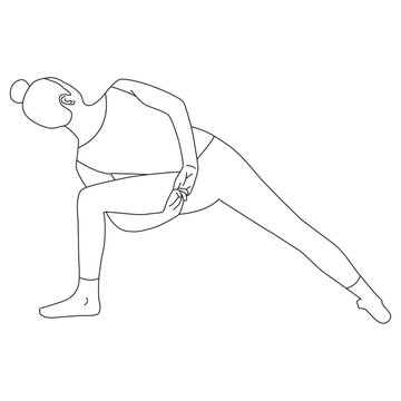 Line art of woman doing Yoga in bind pose. Side angle pose with a bind vector.
