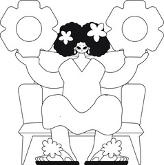 Girl gripping gears in hands; linear illustration in vector style.