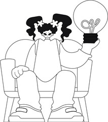 Girl grasps a lightbulb, concept of ideas expressed in linear vector illustration.