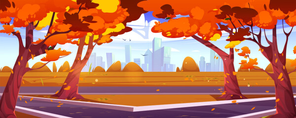 Autumn city park landscape background. Cartoon vector skyline scene with road. Ctyscape urban illustration with orange trees, walking paths in fall. Modern architecture perspective view, flying birds