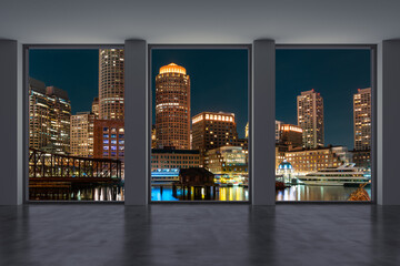 Fototapeta na wymiar Panoramic picturesque city view of Boston at night time from modern empty room interior, Massachusetts. An intellectual, technological and political center. Night. 3d rendering.