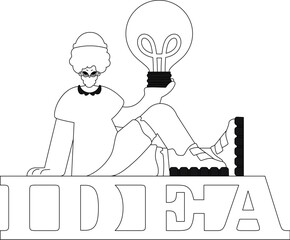 Fototapeta premium Man grasping a lightbulb; symbolizing insight and innovation. Linear vector illustration.