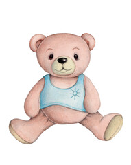 Watecolor illustration of cute pretty teddy bear, toy plush bear, cartoon animal. Isolated. Hand painted.