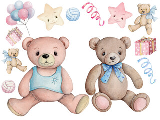 Obraz na płótnie Canvas Watecolor illustration of cute pretty teddy bears, toy plush bears, cartoon animal. Isolated. Hand painted.