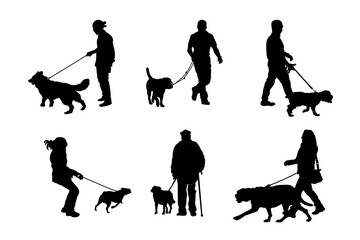 Set of silhouettes of people walking with dogs vector design