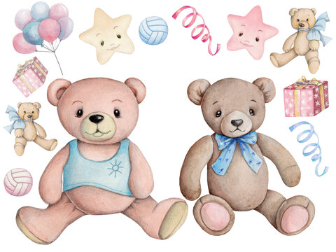 Watecolor illustration of cute pretty teddy bears, toy plush bears, cartoon animal. Isolated. Hand painted.