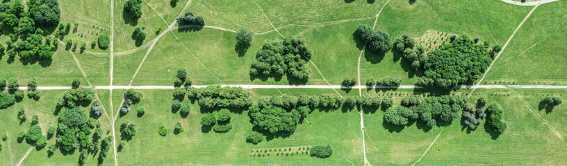 aerial panoramic view of summer park with green trees, lawns and footpaths. drone photography.