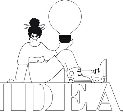 Girl with light bulb, symbolizing bright ideas. Linear illustration in vector style.