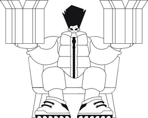 Guy holds parcel in hands. Delivery service. Simple design. Vector image.