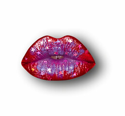 Lips on white isolated background, clipping path. Mouth with red lip, close up.