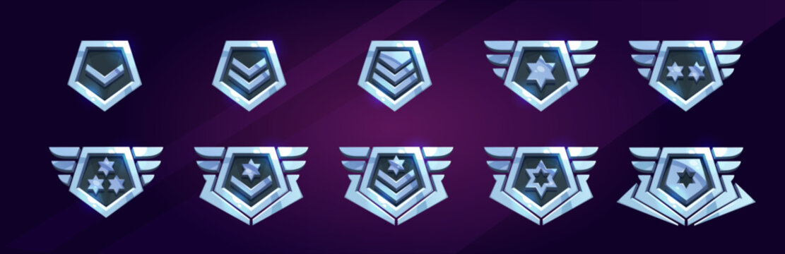 Set of military game rank badges isolated on background. Vector cartoon illustration of silver metal pentagonal insignia medals with stars, chevrons, wings. Gui progress symbol. Award for achievement