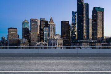 Plakat Empty urban asphalt road exterior with city buildings background. New modern highway concrete construction. Concept way to success. Transportation logistic industry fast delivery. Seattle. USA.