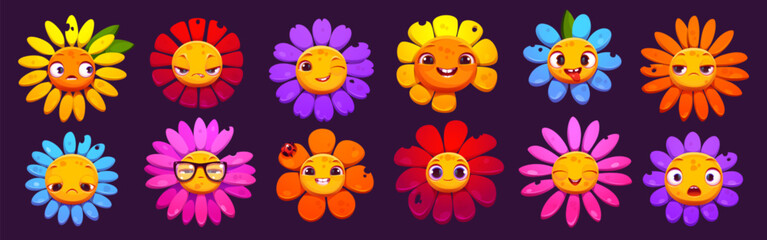 Colorful set of cartoon flower characters with different emotions isolated on background. Vector illustration of cute daisy bloom emoji, happy, smiling, serious, sad, surprised, crazy, winking faces