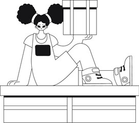 Girl holds a box. Parcel delivery. Linear vector illustration.