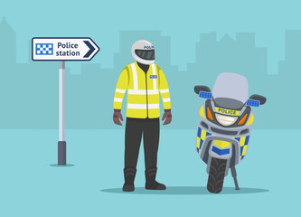 Isolated european motorcycle police officer stands beside the motorbike. Perspective front view. Flat vector illustration template.