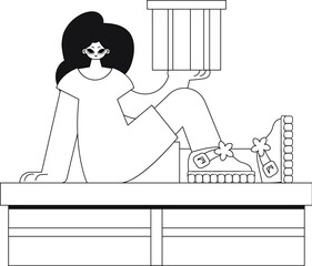 Girl holds box in her hands. Delivery parcel. Linear style vector.