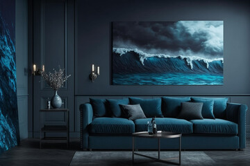 Fototapeta premium Premium living room in blue tones. Large dark blue couch with navy walls. Luxury lounge room design or reception hall or office space created with Generative AI technology 