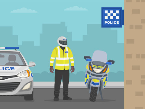 British traffic police officer standing beside police station. Police station sign and police vehicles on the background. Flat vector illustration template.
