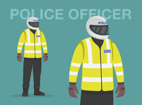 Isolated motorcycle police officer wear protection outfit. Perspective front view. Flat vector illustration template.