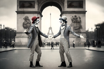 Two black and white french mimes being playful and funny in Paris, France near the Eiffel Tower, dancing and making funny faces - obrazy, fototapety, plakaty